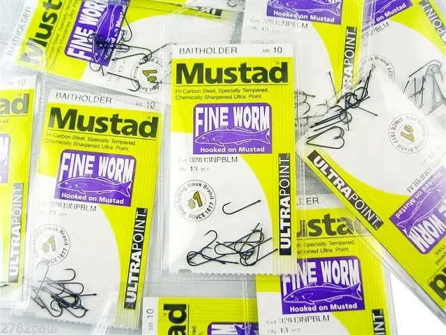 10 Packs of Mustad 32813NPBLM Fine Worm Chemically Sharp Fishing Hooks