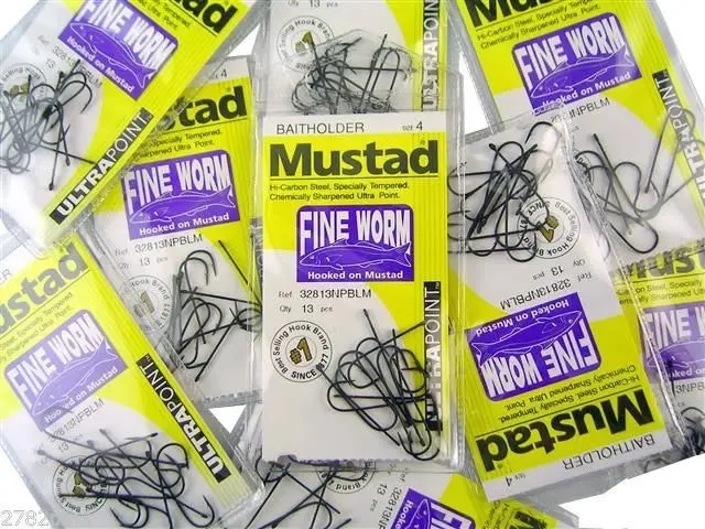 10 Packs of Mustad 32813NPBLM Fine Worm Chemically Sharp Fishing Hooks