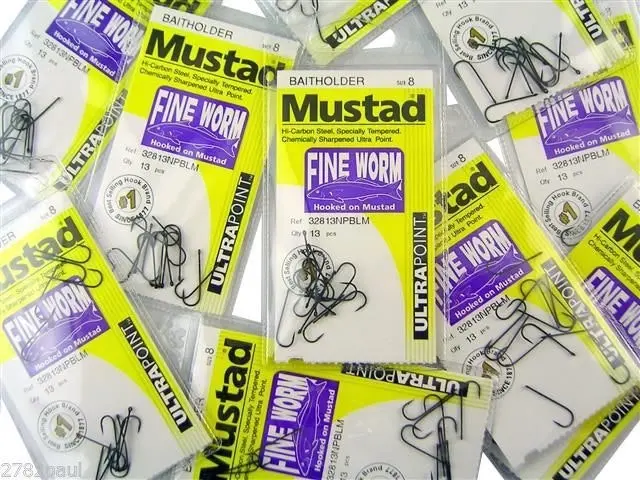 10 Packs of Mustad 32813NPBLM Fine Worm Chemically Sharp Fishing Hooks