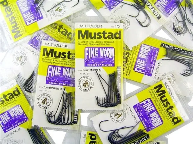 10 Packs of Mustad 32813NPBLM Fine Worm Chemically Sharp Fishing Hooks