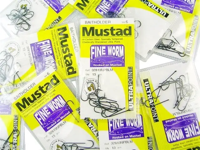 10 Packs of Mustad 32813NPBLM Fine Worm Chemically Sharp Fishing Hooks