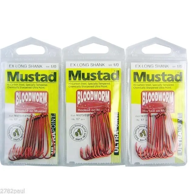 3 Packs of Mustad 90234NPNR Bloodworm Chemically Sharp Fishing Hooks