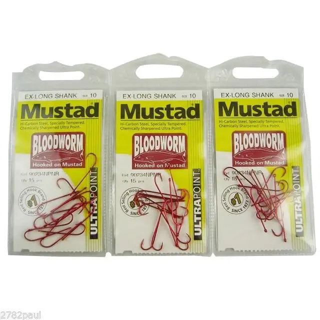 3 Packs of Mustad 90234NPNR Bloodworm Chemically Sharp Fishing Hooks