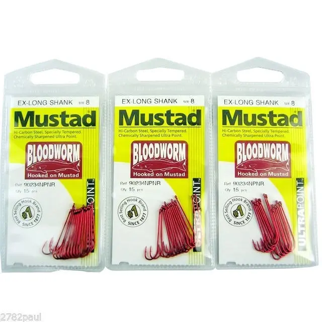 3 Packs of Mustad 90234NPNR Bloodworm Chemically Sharp Fishing Hooks