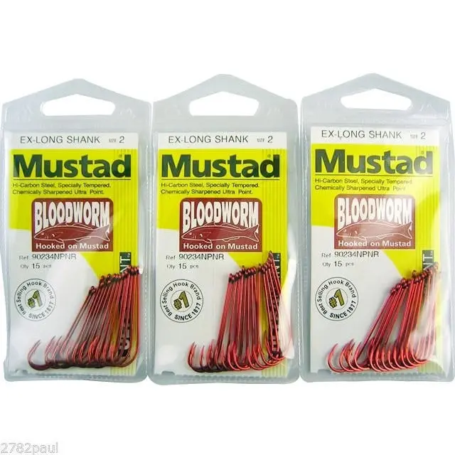 3 Packs of Mustad 90234NPNR Bloodworm Chemically Sharp Fishing Hooks