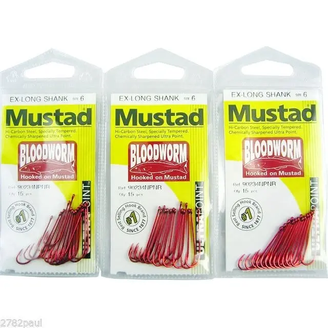 3 Packs of Mustad 90234NPNR Bloodworm Chemically Sharp Fishing Hooks