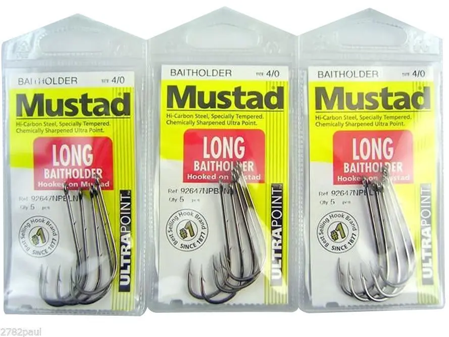 3 Packs of Mustad 92647NPBLN Long Baitholder Chemically Sharp Fishing Hooks