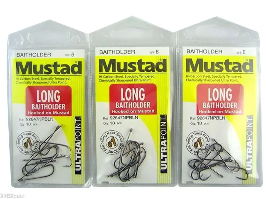 3 Packs of Mustad 92647NPBLN Long Baitholder Chemically Sharp Fishing Hooks