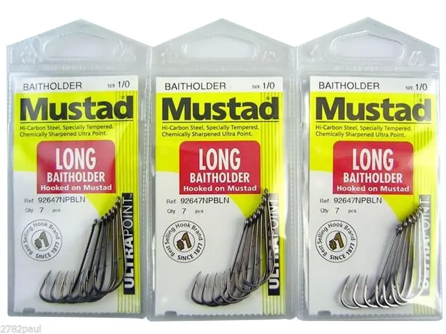 3 Packs of Mustad 92647NPBLN Long Baitholder Chemically Sharp Fishing Hooks