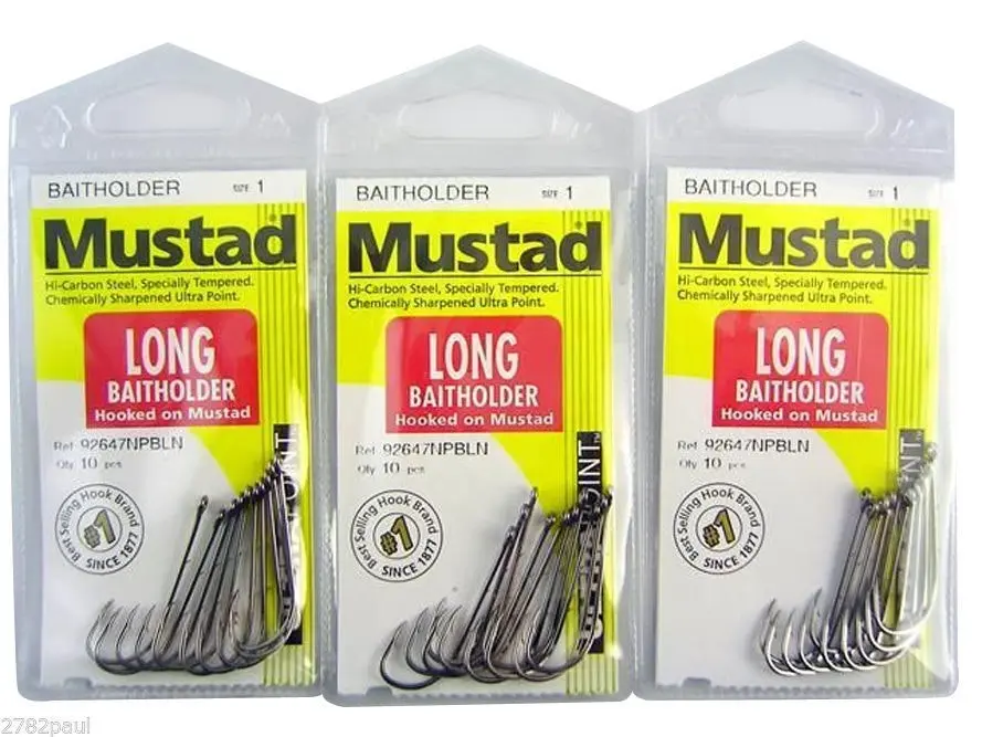 3 Packs of Mustad 92647NPBLN Long Baitholder Chemically Sharp Fishing Hooks