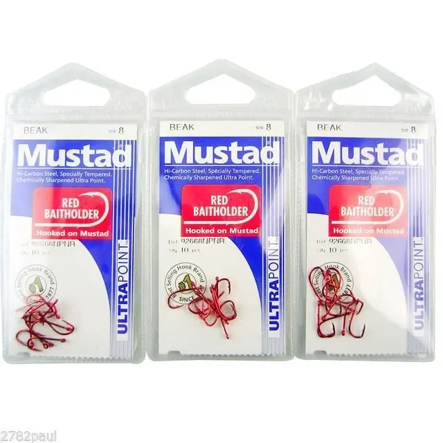 3 Packs of Mustad 92668NPNR Red Baitholder Chemically Sharp Fishing Hooks