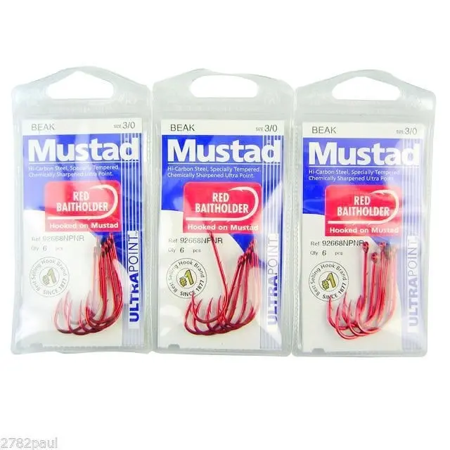 3 Packs of Mustad 92668NPNR Red Baitholder Chemically Sharp Fishing Hooks