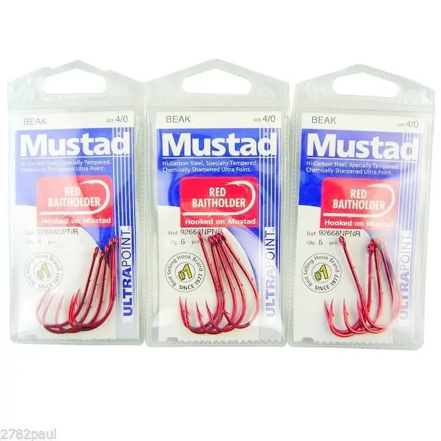 3 Packs of Mustad 92668NPNR Red Baitholder Chemically Sharp Fishing Hooks