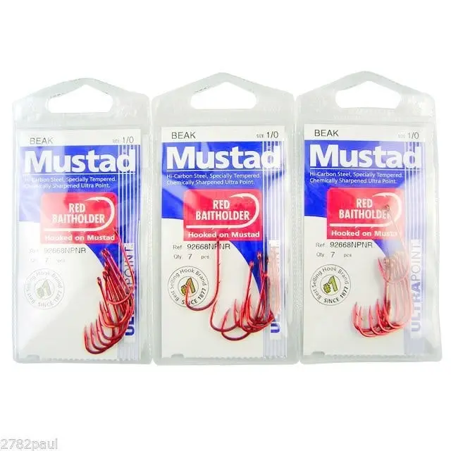 3 Packs of Mustad 92668NPNR Red Baitholder Chemically Sharp Fishing Hooks