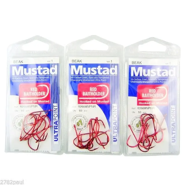 3 Packs of Mustad 92668NPNR Red Baitholder Chemically Sharp Fishing Hooks