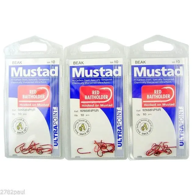 3 Packs of Mustad 92668NPNR Red Baitholder Chemically Sharp Fishing Hooks