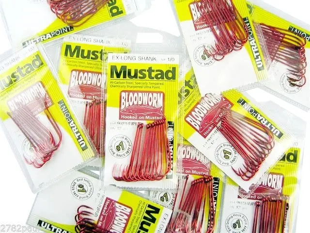 10 Packs of Mustad 90234NPNR Bloodworm Chemically Sharp Fishing Hooks