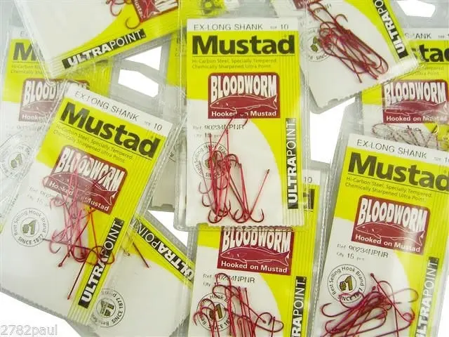 10 Packs of Mustad 90234NPNR Bloodworm Chemically Sharp Fishing Hooks