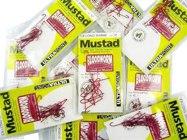 10 Packs of Mustad 90234NPNR Bloodworm Chemically Sharp Fishing Hooks