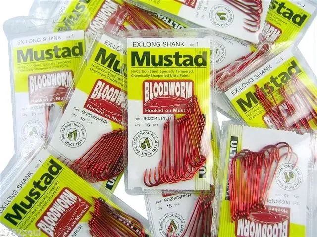 10 Packs of Mustad 90234NPNR Bloodworm Chemically Sharp Fishing Hooks