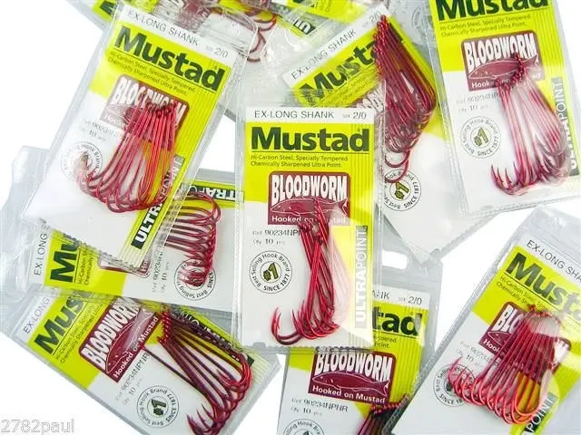 10 Packs of Mustad 90234NPNR Bloodworm Chemically Sharp Fishing Hooks