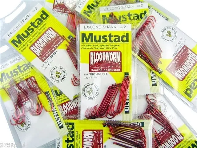 10 Packs of Mustad 90234NPNR Bloodworm Chemically Sharp Fishing Hooks