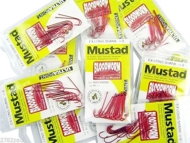 10 Packs of Mustad 90234NPNR Bloodworm Chemically Sharp Fishing Hooks