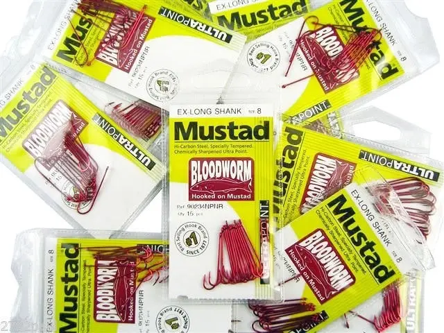 10 Packs of Mustad 90234NPNR Bloodworm Chemically Sharp Fishing Hooks