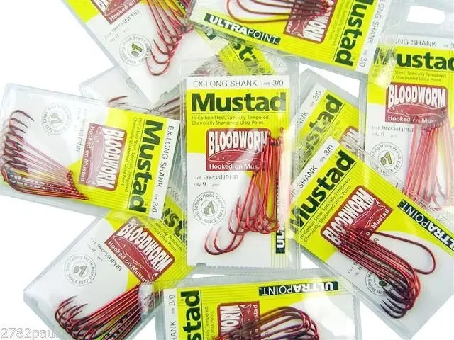 10 Packs of Mustad 90234NPNR Bloodworm Chemically Sharp Fishing Hooks