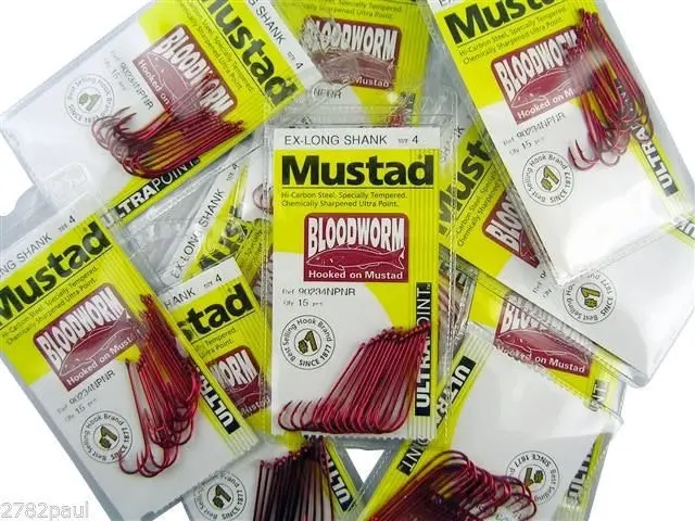 10 Packs of Mustad 90234NPNR Bloodworm Chemically Sharp Fishing Hooks