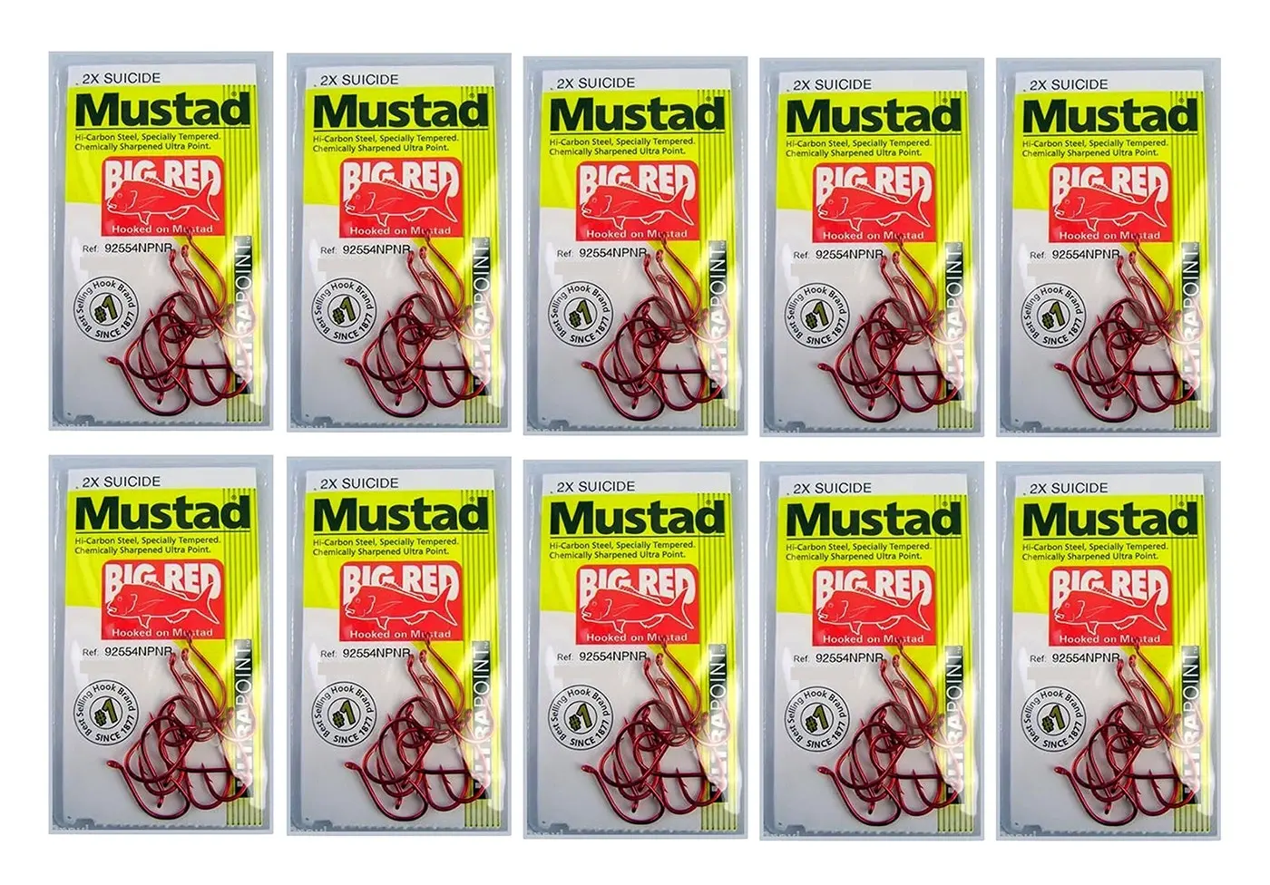 10 Packs of Mustad 92554NPNR Big Red Chemically Sharp Fishing Hooks