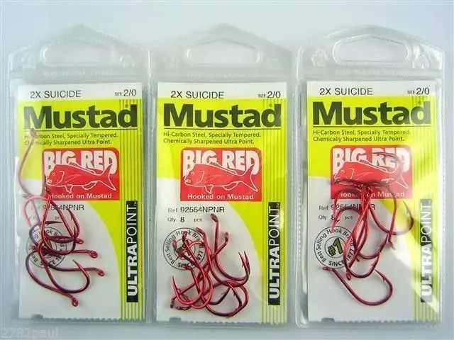 10 Packs of Mustad 92554NPNR Big Red Chemically Sharp Fishing Hooks