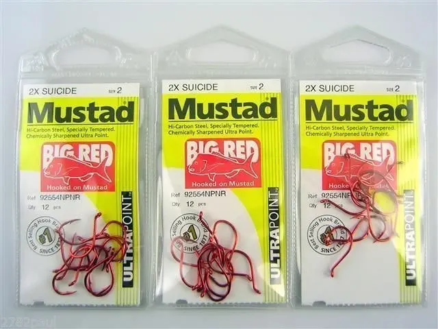 10 Packs of Mustad 92554NPNR Big Red Chemically Sharp Fishing Hooks