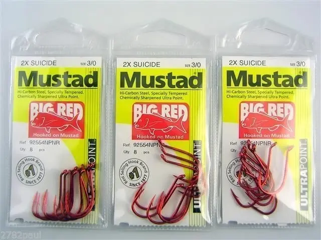 10 Packs of Mustad 92554NPNR Big Red Chemically Sharp Fishing Hooks