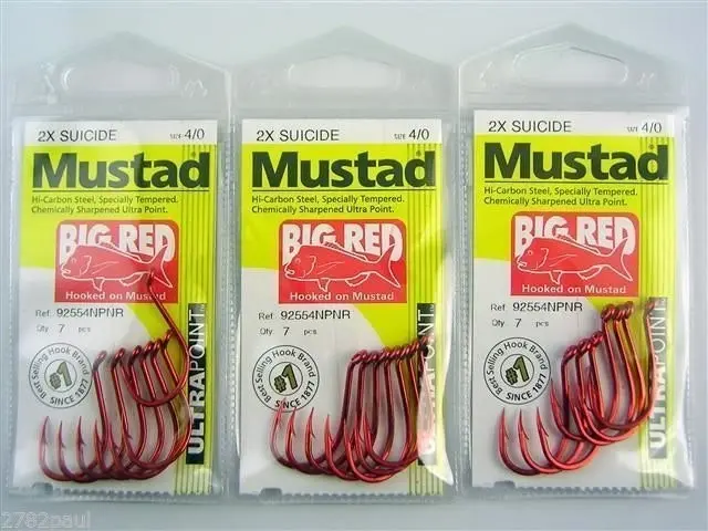 10 Packs of Mustad 92554NPNR Big Red Chemically Sharp Fishing Hooks