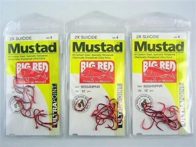 10 Packs of Mustad 92554NPNR Big Red Chemically Sharp Fishing Hooks