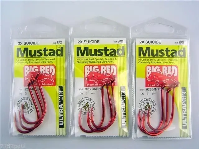 10 Packs of Mustad 92554NPNR Big Red Chemically Sharp Fishing Hooks