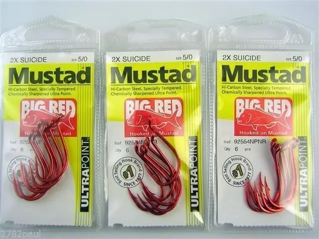 10 Packs of Mustad 92554NPNR Big Red Chemically Sharp Fishing Hooks