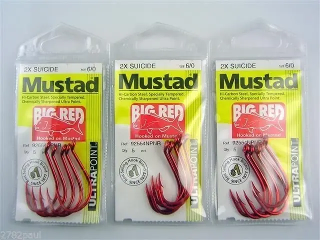 10 Packs of Mustad 92554NPNR Big Red Chemically Sharp Fishing Hooks