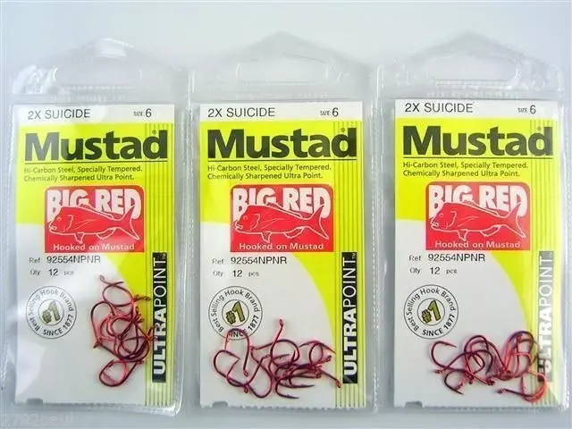 10 Packs of Mustad 92554NPNR Big Red Chemically Sharp Fishing Hooks