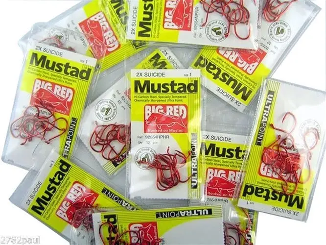 10 Packs of Mustad 92554NPNR Big Red Chemically Sharp Fishing Hooks