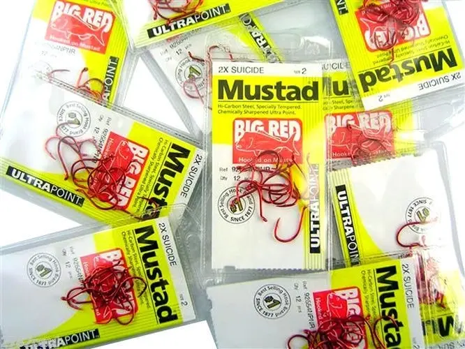 10 Packs of Mustad 92554NPNR Big Red Chemically Sharp Fishing Hooks