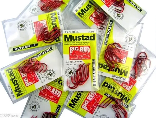 10 Packs of Mustad 92554NPNR Big Red Chemically Sharp Fishing Hooks