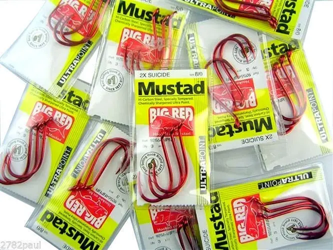 10 Packs of Mustad 92554NPNR Big Red Chemically Sharp Fishing Hooks