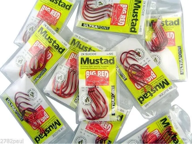 10 Packs of Mustad 92554NPNR Big Red Chemically Sharp Fishing Hooks