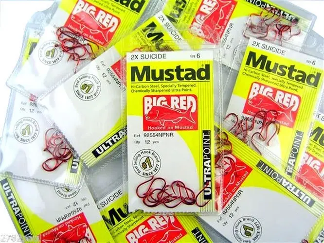 10 Packs of Mustad 92554NPNR Big Red Chemically Sharp Fishing Hooks