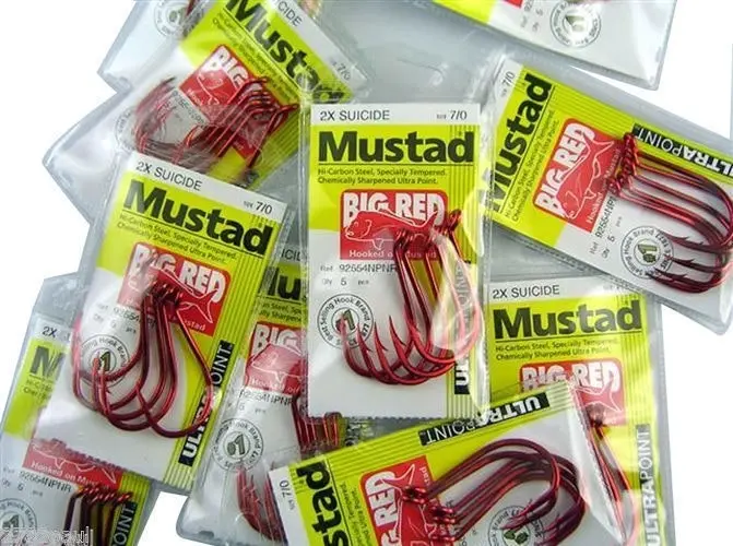 10 Packs of Mustad 92554NPNR Big Red Chemically Sharp Fishing Hooks