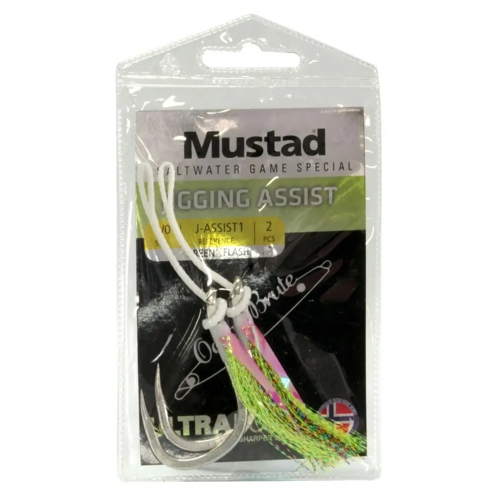 2 Pack of Mustad Green Flash Ocean Brute Jig Assist Hooks - Chemically Sharpened