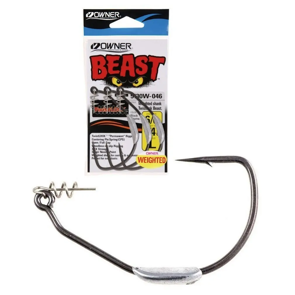 1 Packet of Owner 5130W Beast Weighted Hooks with Twistlock Centering Pins