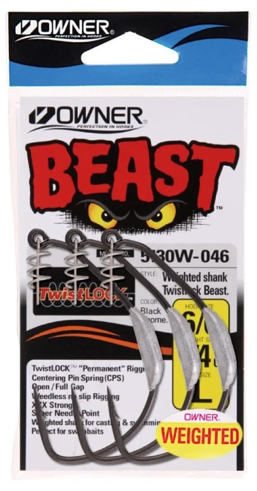 1 Packet of Owner 5130W Beast Weighted Hooks with Twistlock Centering Pins